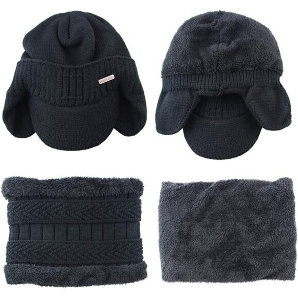 Winter Beanie w/Visor & Earflaps for Men Outdoor Fleece Hat Scarf Set - Picture 3 of 7